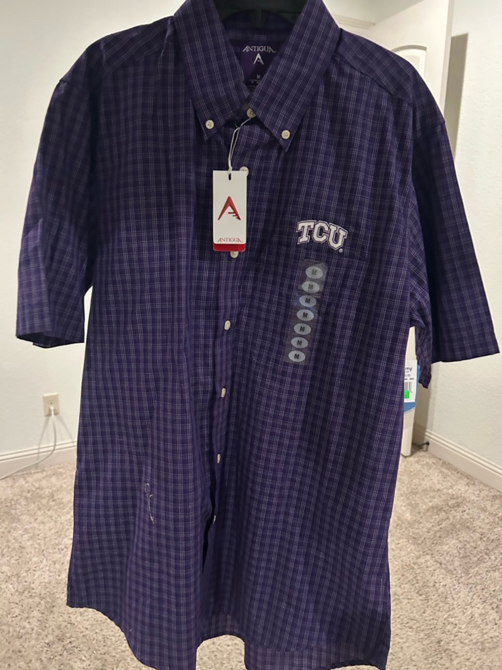 Antigua Purple Plaid TCU Short-Sleeve Button-Down Shirt